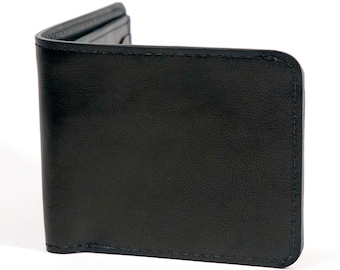 Men's Bifold Wallet in Black Calfskin Leather-Red,Blue,Black,Teal Interior