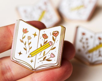 Sketchbook Enamel Pin Badge in Gold, White and Pink by Emmeline Pidgen - floral, artist, book, drawing, jewellery