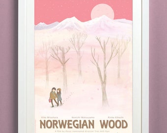 Norwegian Wood - A3 Snowy pink film poster illustration based on the book by Haruki Murakami