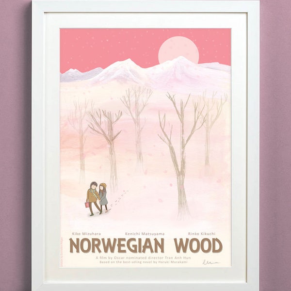 Norwegian Wood - A3 Snowy pink film poster illustration based on the book by Haruki Murakami