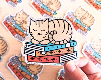 Big Book Glitter Kitty sticker - Large size. Perfect for lovers of cute cats and books!