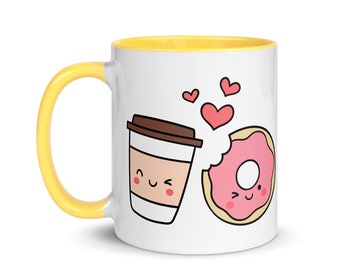 Perfect Pair Coffee Donut Mug with Color Inside | 11 oz | Tea Mug | Coffee Mug | Microwave and Dishwasher Safe Ceramic Cup