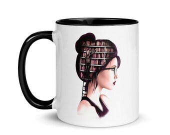 Books on my Mind Mug with Color Inside | | 11 oz | Tea Mug | Coffee Mug | Microwave and Dishwasher Safe Ceramic Cup