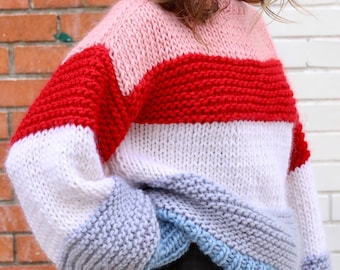 Striped oversized chunky sweater. 100% Merino Wool. Handmade in NYC, USA.