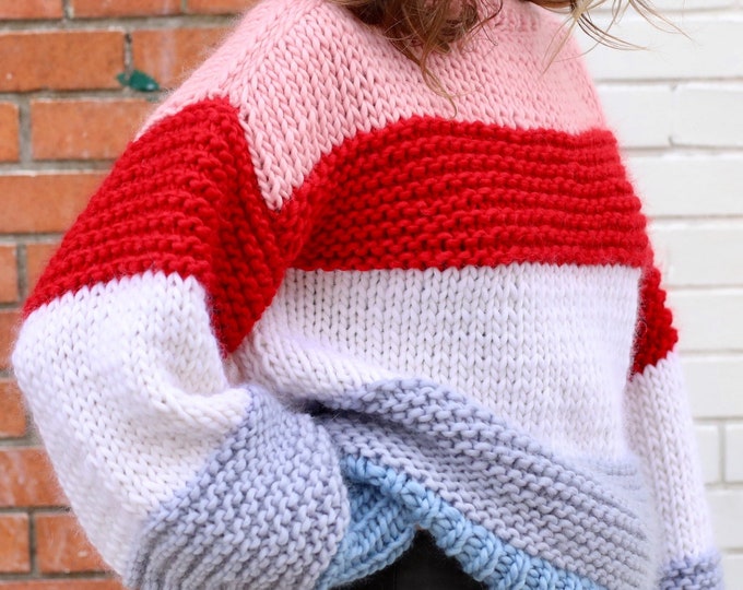 Featured listing image: Striped oversized chunky sweater. 100% Merino Wool. Handmade in NYC, USA.