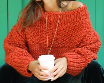 Off-shoulder chunky knit pullover. 100% merino wool. Handmade in NYC, USA