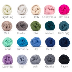May include: A collection of twenty colorful wool roving balls, each labeled with a unique name. Colors range from light shades like "Lightning" and "Pearl" to vibrant hues such as "Hot Pink" and "Turquoise". The image is well-lit, showcasing the texture of the wool.