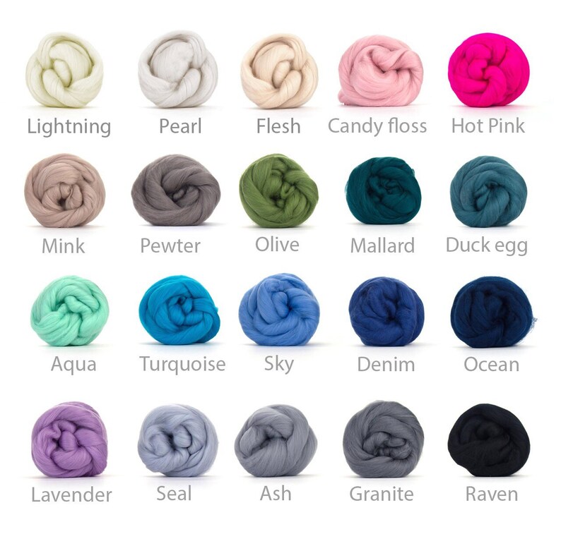 May include: A collection of twenty colorful wool roving balls, each labeled with a unique name. Colors range from light shades like "Lightning" and "Pearl" to vibrant hues such as "Hot Pink" and "Turquoise". The image is well-lit, showcasing the texture of the wool.