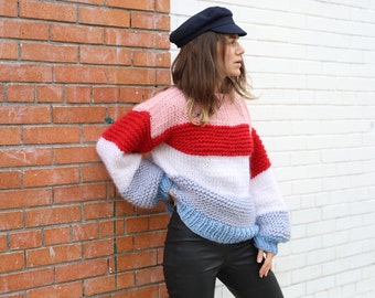 Striped oversized chunky sweater. 100% Merino Wool. Handmade in NYC, USA.