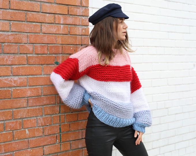 Featured listing image: Striped oversized chunky sweater. 100% Merino Wool. Handmade in NYC, USA.