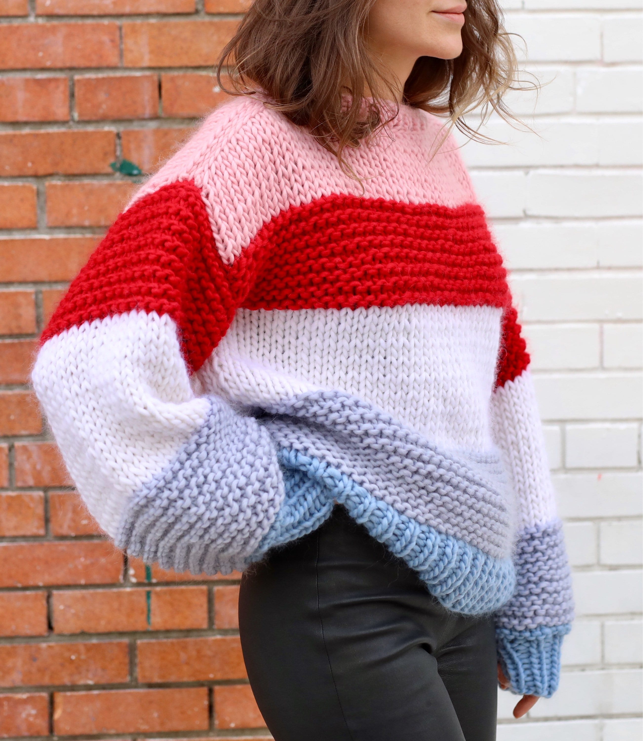 Striped oversized chunky sweater. 100 Merino Wool. Handmade in NYC, USA.