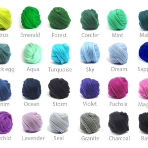 May include: A collection of colorful yarn skeins in various shades, including Citrus, Emerald, and Forest. Each skein is labeled with its color name, such as Denim, Ocean, and Violet. The yarn is arranged in rows, showcasing a wide range of hues.