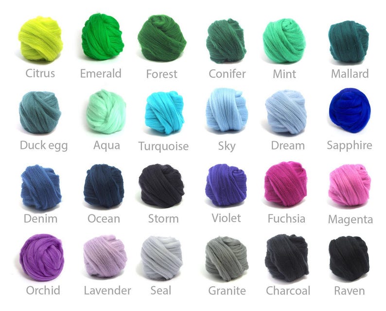 May include: A collection of colorful yarn skeins in various shades, including Citrus, Emerald, and Forest. Each skein is labeled with its color name, such as Denim, Ocean, and Violet. The yarn is arranged in rows, showcasing a wide range of hues.