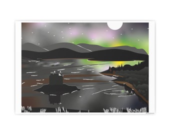 Kasteel stalker bij nacht (Schotse hoogland geïllustreerde landschap landschapskunst)