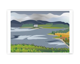 Castle stalker minimalistische stijl (Schotse hoogland geïllustreerde landschapskunst)