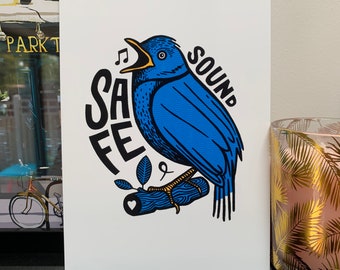 NHS Nightingale Safe & Sound Impresión A5, arte de pared, impresión, pájaro, frase, diciendo, héroes