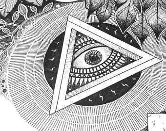 Impresión giclée de El Destructor del Tiempo: Arte mural puntillista en blanco y negro