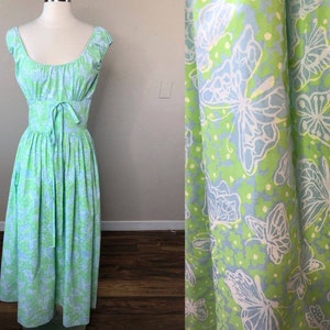 VINTAGE 60s Lilly Pulitzer THE LILLY Maxi Dress Butterfly Print Blue Green Tie