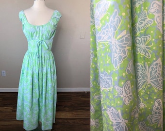 VINTAGE 60s Lilly Pulitzer THE LILLY Maxi Dress Butterfly Print Blue Green Tie