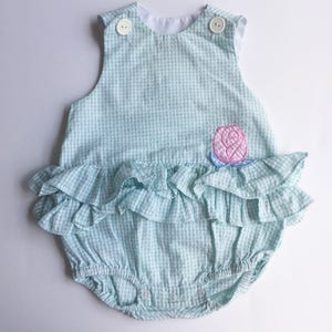 3-6 Month Mint Gingham Sleeveless Onesie Romper Jumper with Ruffles, Pink and Blue Rose Detail, White Button Closures at Shoulders, Snaps