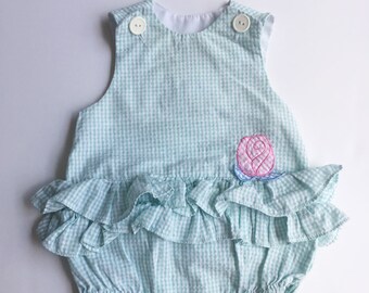 3-6 Month Mint Gingham Sleeveless Onesie Romper Jumper with Ruffles, Pink and Blue Rose Detail, White Button Closures at Shoulders, Snaps