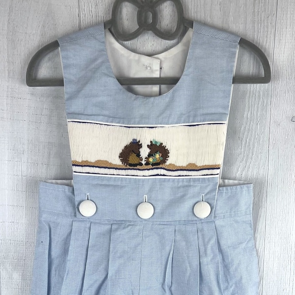 3T Smocked Longall Romper in Blue and White Check with Boy & Girl Hedgehogs Dressed up with Top Hat and Bow, Girl Has Embroidered Flowers