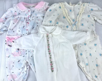Lot of Vintage Footie Pajamas for Baby Girl with Lace, White with Embroidered Pink Flowers, Cream with Blue Floral & White with Lamb Print