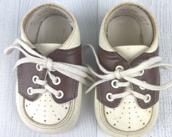 Vintage Brown White Saddle Baby Shoes With Lace Tie for Baby Boy