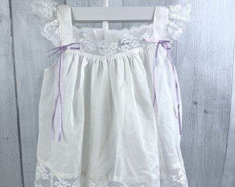 24 Month White Dress with Polka Dots, Large Lace Tim on Neckline, Sleeves and Hem, Lilac Purple Bows on Straps, Light Summer Dress, Easter