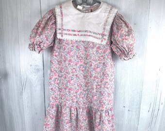 Size 12 Girls Vintage Abstract Floral Print Pink, Dress with Drop Waist, Square Collar with Lace Trim and Border Detail, Puffed Sleeves