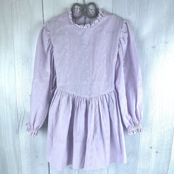 Vintage Lilac Purple Eyelet Lace Long Sleeve Dress with Trimmed Neckline and Sleeves, Basque Style Waist, Sash Tie, Easter Dress, Spring