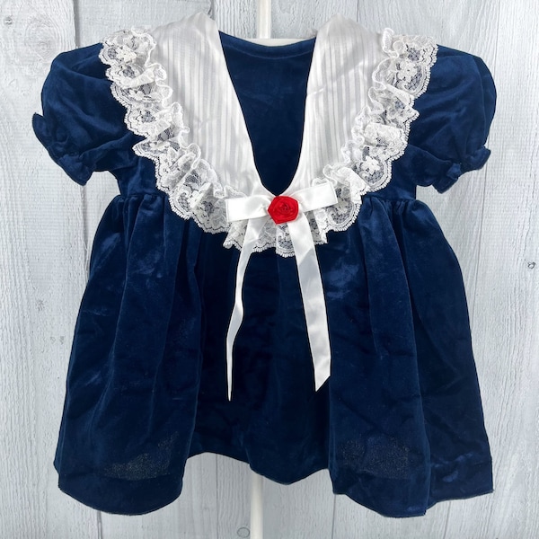 12 Month Vintage Navy Blue Velvet Dress, White Striped Collar with Lace Trim and Satin Ribbon Bow & Red Rosette, Never Worn, Still has Tags