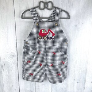 24 Month Black and White Gingham Romper Shorts with Construction Dog on a Red Excavator with Word &quot;Dig&quot; and Embroidered Red Diggers, Pockets