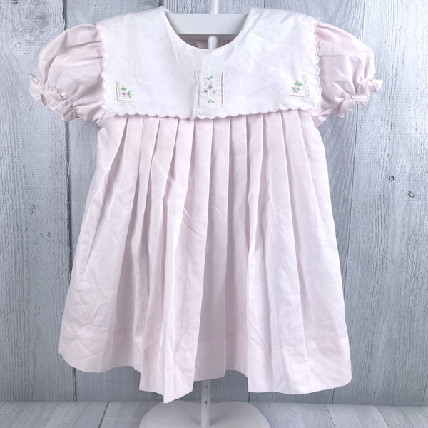 12 Month Pink Baby Doll Style Dress with Scalloped Trim Collar with Delicate Embroidered Flowers & Details, Pleated Skirt, Birthday, Easter