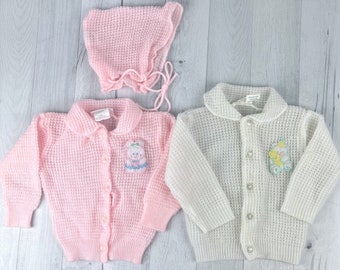 0-6 Month Vintage Set of Sweater Cardigans, Pink Sweater with Matching Bonnet with Bunny Rabbit, White Sweater with Bear and Bunny, Buttons