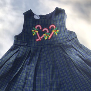Size 5 Navy Blue & Green Plaid Sleeveless Dress with Pleated Skirt, Red and White Candy Cane Appliqués with Embroidered Holly and Yellow Bow