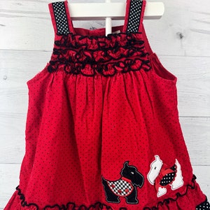 Vintage Red Sleeveless Dress with Black Polka Dots, Black and White Scottish Terriers, Double Ruffle Hem, Black & White Polka Dot Trim, Bow
