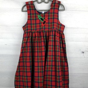 Size 6X Plaid Sleeveless Dress in Red, Green, Blue & Black, with Two Crayon Appliqués in Red and Green, Clear Button Closures at Shoulders