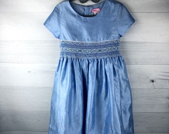 6X Smocked Shiny Blue Dress with Embroidered Blue Flowers, Shiny Textured Material, Sash Tie, Party Dress, Easter, Spring, Special Occasion