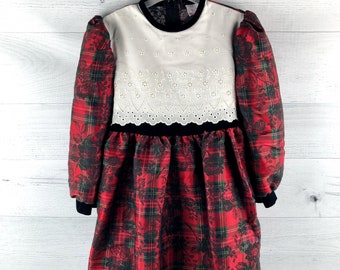 Vintage Polly Flinders Long Sleeve Tartan Plaid Dress with Floral Print, Eyelet Lace Panel Chest & Hem, Velvet Black Band Waist and Neckline