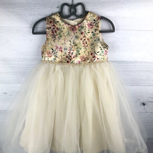 3T Gold Laura Ashely Dress with Floral Bodice & Gold Metallic Stitching, Full Six Layer Skirt with Beige Tulle with Gold Glitter, Party