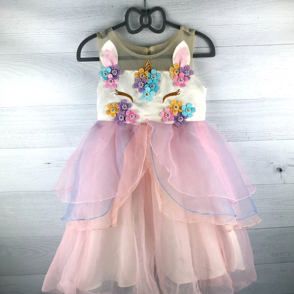 Unicorn Dress with Pink, Purple, Orange & Blue Flowers with Pearls and Rhinestones, Gold Eyes and Horn, Layered Princess Skirt, Sheer Tulle