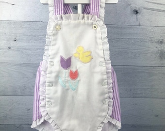 12 Month Vintage 80's Health-tex Romper With Yellow Bird, Purple & Pink Tulips, Eyelet Lace Trim, Purple and White Seersucker Striped Print
