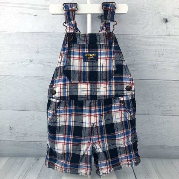 12 Month Vintage OshKosh B'gosh Plaid Overall Shorts in Blue, White, Red, Beige & Navy, Carpenter Style Pockets on Front and Back, Buckles