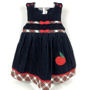 3T Black Corduroy Dress with Plaid Hem & Decorative Stripes, Red Ribbon Bows, Apple Appliqué, Red Buttons at Shoulders, White, Green, Yellow