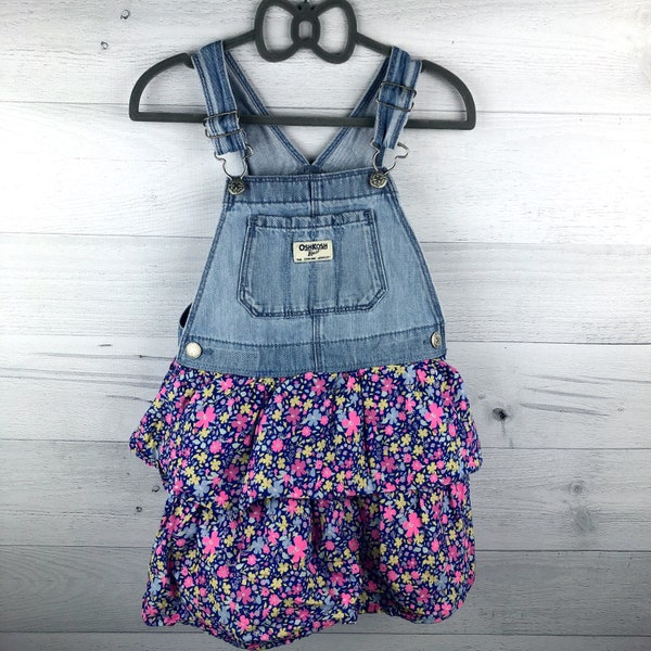 Size 5 Vintage OshKosh Overall Dress with Light Blue Denim Top and Colorful Floral Skirt, Silver Buttons and Buckle, Two Tiered Skirt, Pink