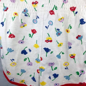 6X Vintage White Floral Print Romper with Rainbow of Different Colored Flowers, Red Trim around Neckline, Arms and Legs, Elastic Waist, 80's image 4