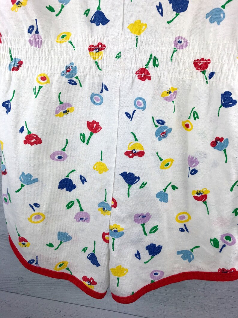 6X Vintage White Floral Print Romper with Rainbow of Different Colored Flowers, Red Trim around Neckline, Arms and Legs, Elastic Waist, 80's image 4