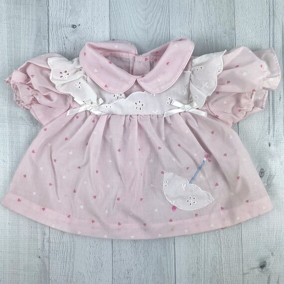 Vintage Pink Dress with Pink Heart Print, Peter Pan Collar, Eyelet Lace White Umbrella Appliqu , Eyelet Lace & Bows, Doll Dress, Baby Dress