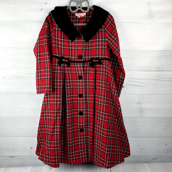 6X Red Plaid Long Sleeve Coat Dress with Black Ve… - image 1